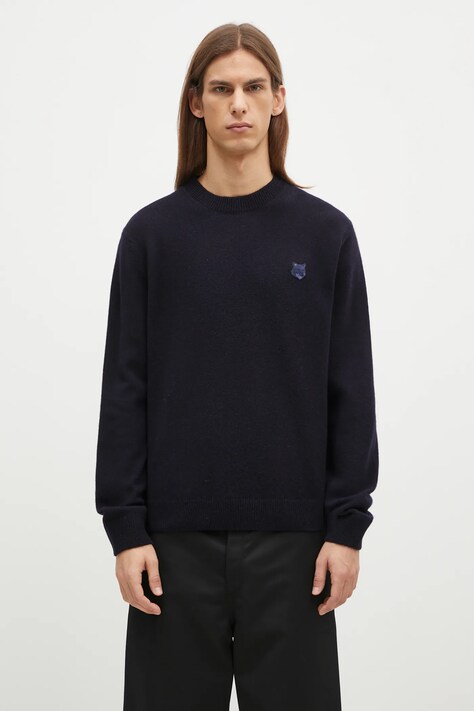 Vlněný svetr Maison Kitsuné Bold Fox Head Patch pánský, tmavomodrá barva, NM00805KT1006