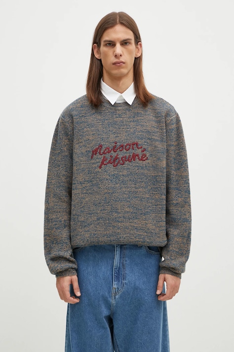 Vlněný svetr Maison Kitsuné Maison Kitsune Handwriting pánský, modrá barva, LM00814KT1063