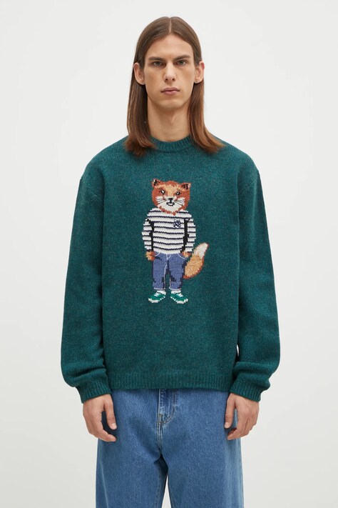 Vlněný svetr Maison Kitsuné Dressed Fox Intarsia pánský, zelená barva, lehký, NM00809KH0002