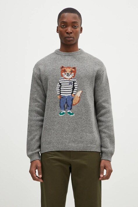 Шерстяной свитер Maison Kitsuné Dressed Fox Intarsia мужской цвет серый лёгкий NM00809KH0002
