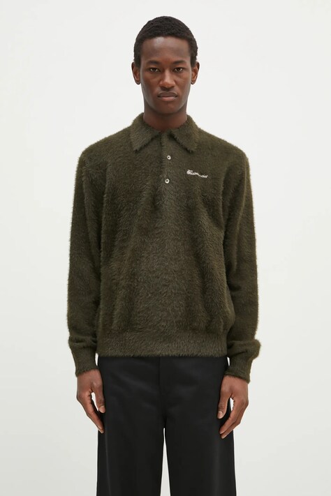thisisneverthat sweter SCT-Logo Shaggy Knit Polo męski kolor zielony TN243KKNPK08