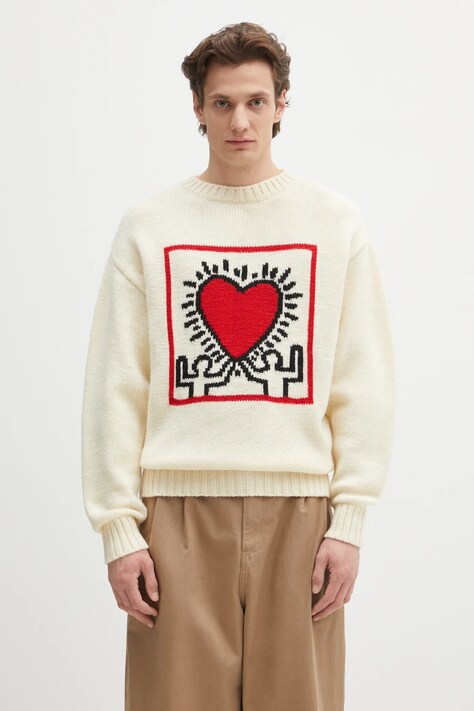 Vlněný svetr Wacko Maria x Keith Haring pánský, béžová barva, hřejivý, KH.WM.KN01