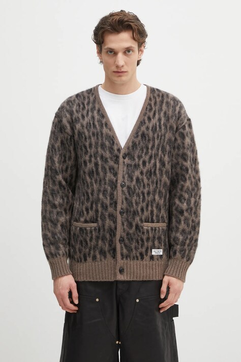 Vlněný kardigan Wacko Maria Leopard Heavy pánský, hnědá barva, 24FW-WMK-KN10