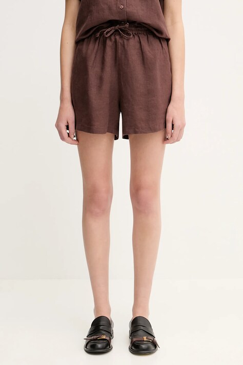 Samsoe Samsoe szorty lniane MAREN kolor brązowy gładkie high waist F23900001