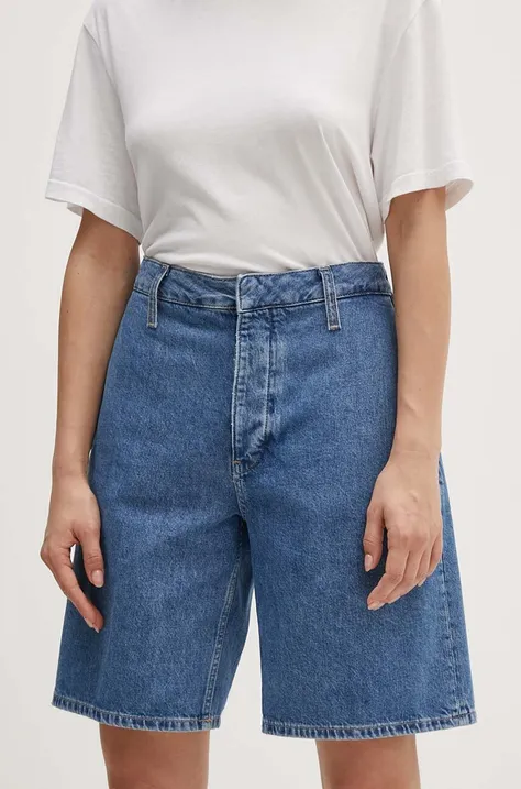 Calvin Klein Jeans szorty jeansowe damskie kolor niebieski gładkie high waist J20J224342