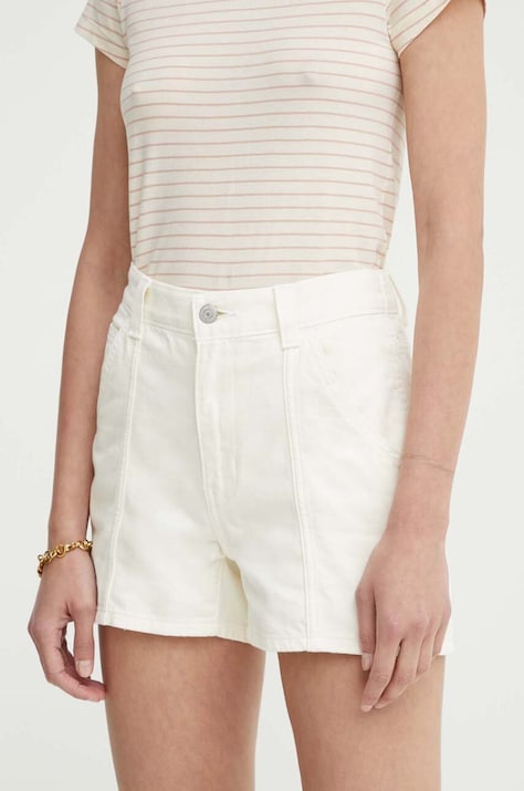 Levi's pantaloni scurti jeans CARPENTER SHORT femei, culoarea bej, neted, high waist, A8719