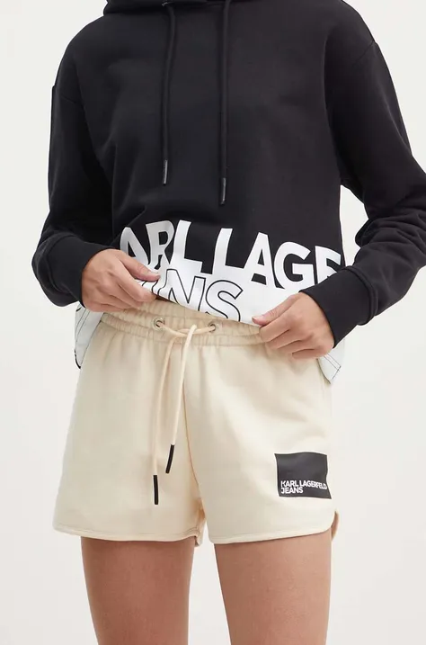 Karl Lagerfeld Jeans pantaloni scurti femei, culoarea bej, cu imprimeu, medium waist, 245J1003
