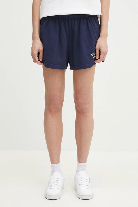 Sporty & Rich szorty bawełniane Faubourg Disco damskie kolor granatowy z nadrukiem high waist SH037517619BL32