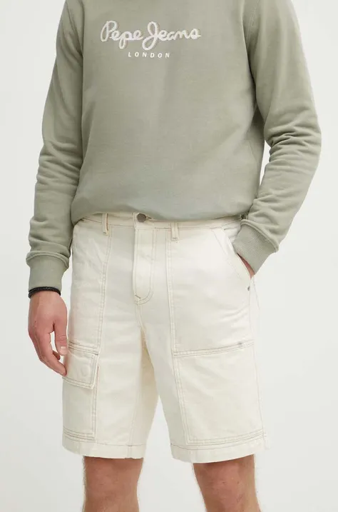 Rifľové krátke nohavice Pepe Jeans RELAXED SHORT UTILITY COLOUR pánske, béžová farba, PM801121