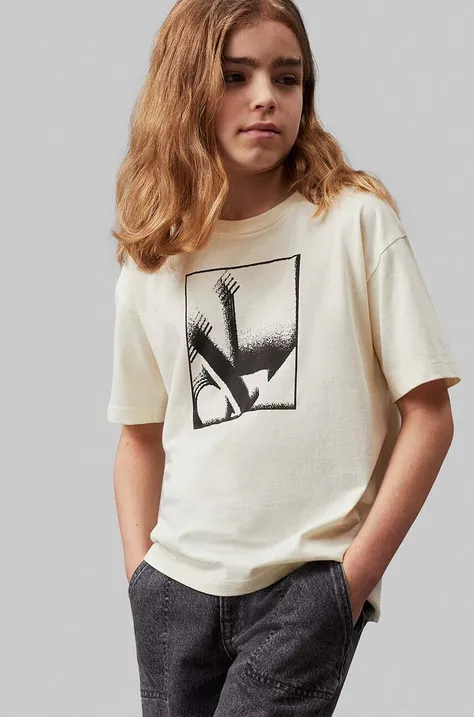 Otroška bombažna kratka majica Calvin Klein Jeans bež barva, IB0IB02161