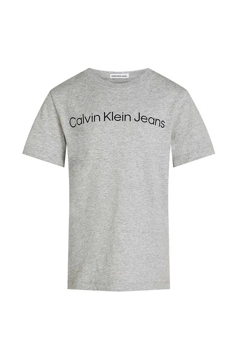 Детска памучна тениска Calvin Klein Jeans в сиво с принт IU0IU00599