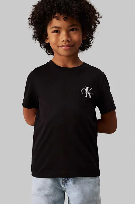 Otroška bombažna kratka majica Calvin Klein Jeans črna barva, IU0IU00624