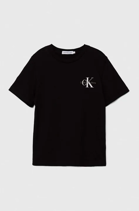 Otroška bombažna kratka majica Calvin Klein Jeans črna barva, IU0IU00624
