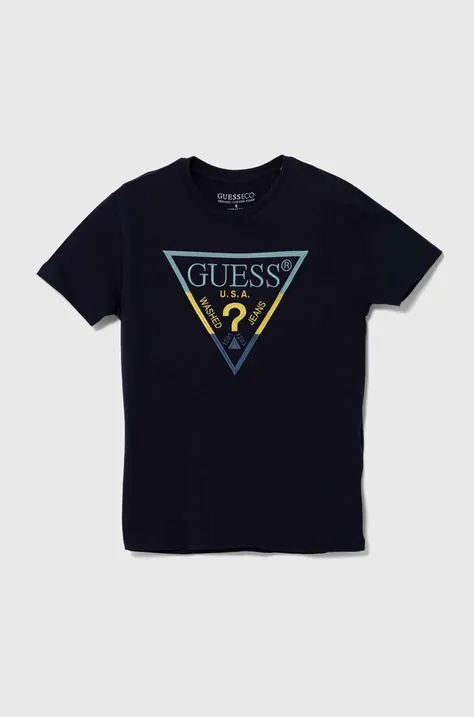 Detské bavlnené tričko Guess tmavomodrá farba, s nášivkou, L4YI06 K8HM4