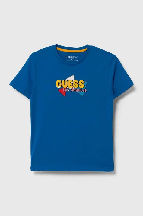 Детска памучна тениска Guess в синьо с принт L4YI10 K8HM4