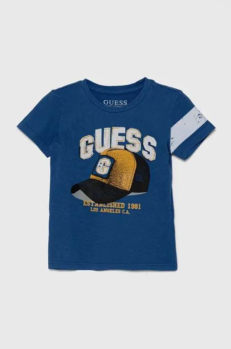 Детска памучна тениска Guess в синьо с принт N4YI04 K8HM4