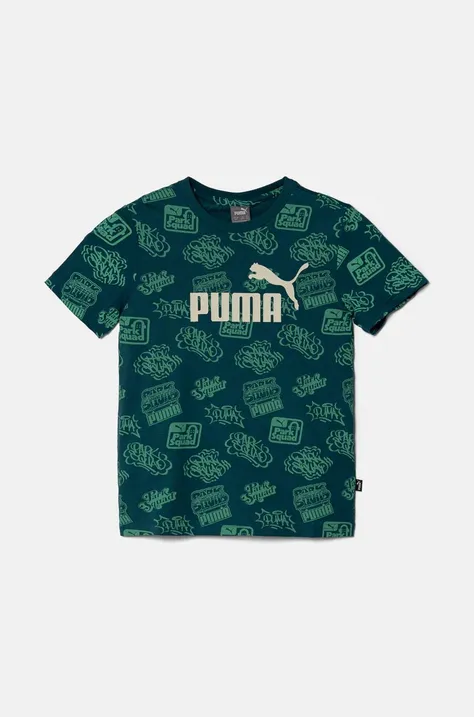 Дитяча бавовняна футболка Puma ESS+ MID 90s AOP Tee колір зелений візерунок 681875