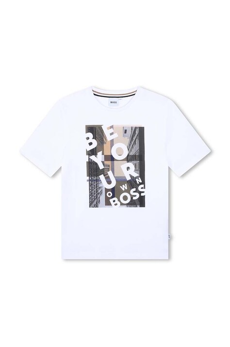 Дитяча бавовняна футболка BOSS колір білий з принтом J51217