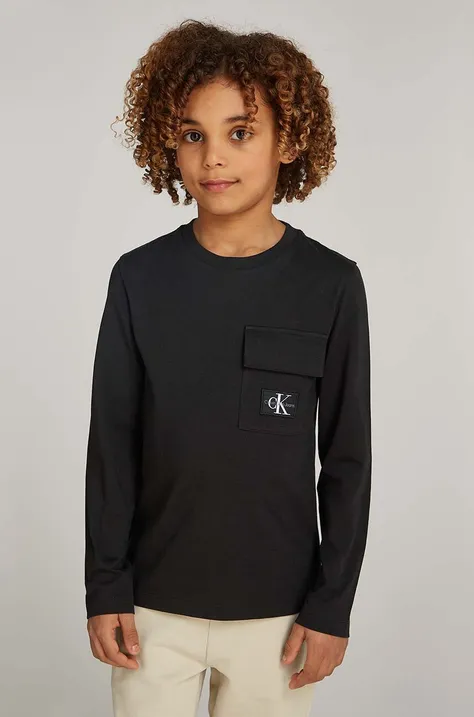 Хлопковый детский лонгслив Calvin Klein Jeans цвет чёрный однотонный IB0IB02244