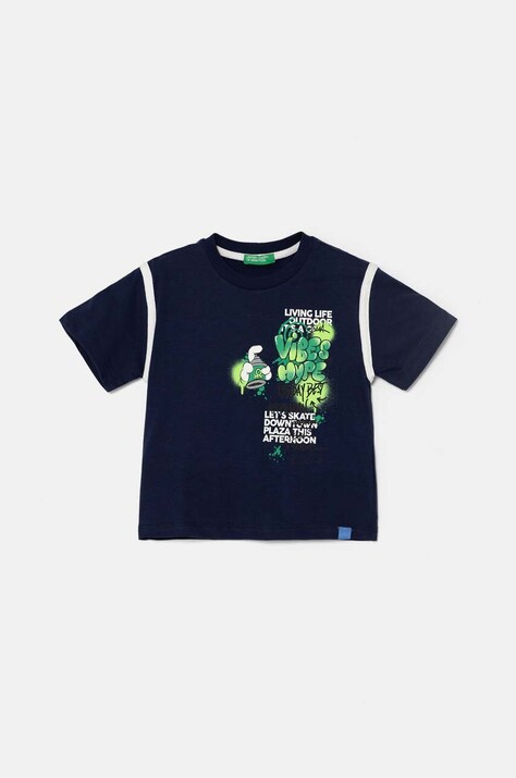 Otroška bombažna kratka majica United Colors of Benetton mornarsko modra barva, 3I1XG10FC