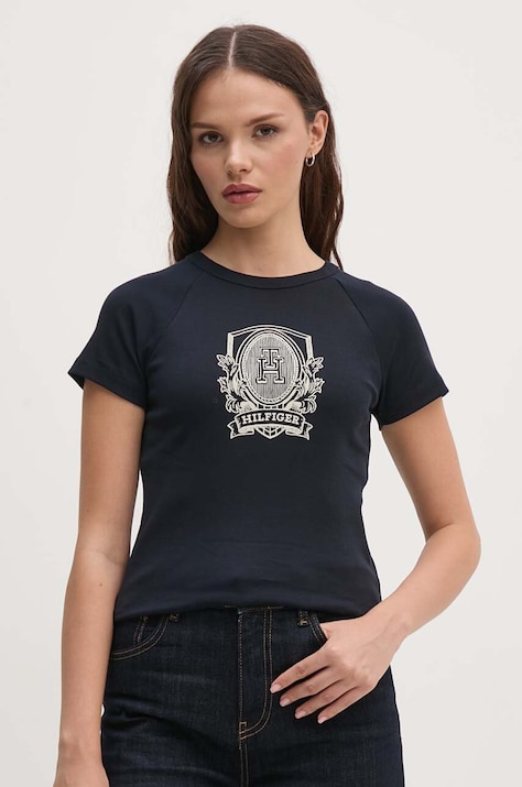 Bombažna kratka majica Tommy Hilfiger ženska, mornarsko modra barva, WW0WW42089