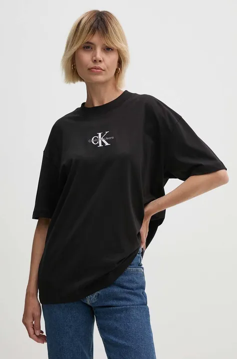 Βαμβακερό μπλουζάκι Calvin Klein Jeans γυναικείο, χρώμα: μαύρο, J20J223561