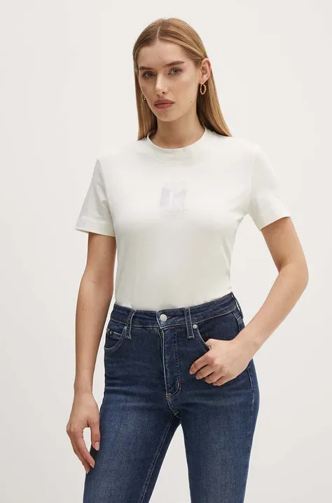 Bombažna kratka majica Calvin Klein Jeans ženska, bež barva, J20J223908