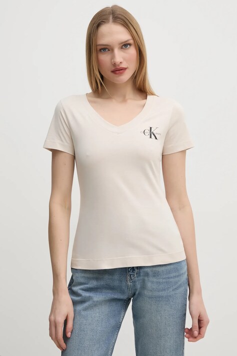 Хлопковая футболка Calvin Klein Jeans 2 шт женская цвет бежевый J20J223447