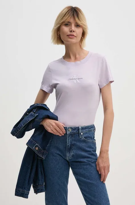 Βαμβακερό μπλουζάκι Calvin Klein Jeans γυναικείο, χρώμα: μοβ, J20J223556