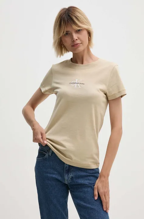 Bombažna kratka majica Calvin Klein Jeans ženska, bež barva, J20J223563