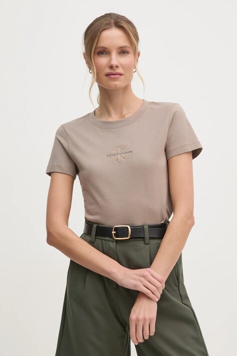 Bavlněné tričko Calvin Klein Jeans hnědá barva, J20J223563