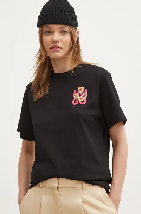 Βαμβακερό μπλουζάκι HUGO γυναικείο, χρώμα: μαύρο, 50520307