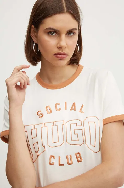 Βαμβακερό μπλουζάκι HUGO γυναικείο, χρώμα: μπεζ, 50530170