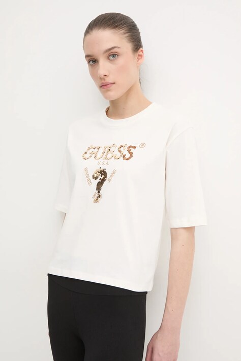 Guess tricou din bumbac AURLIE femei, culoarea bej, V4YI06 I3Z14