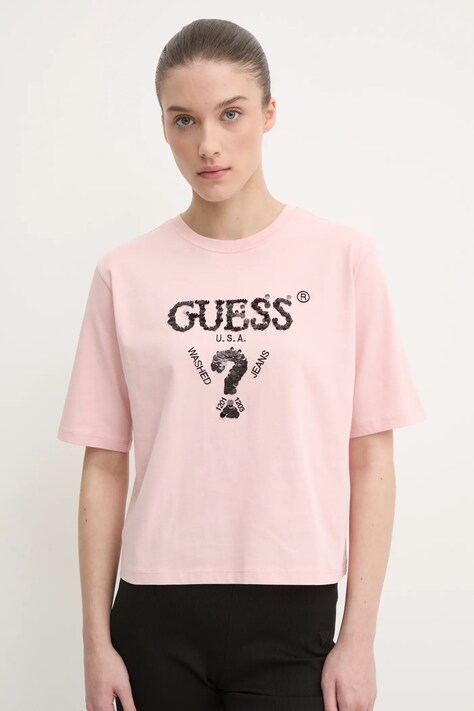 Guess tricou din bumbac AURLIE femei, culoarea roz, V4YI06 I3Z14
