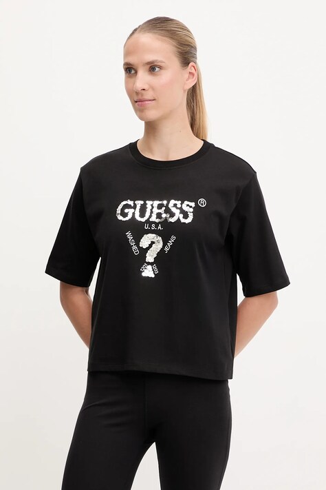 Bavlněné tričko Guess AURLIE dámské, béžová barva, V4YI06 I3Z14