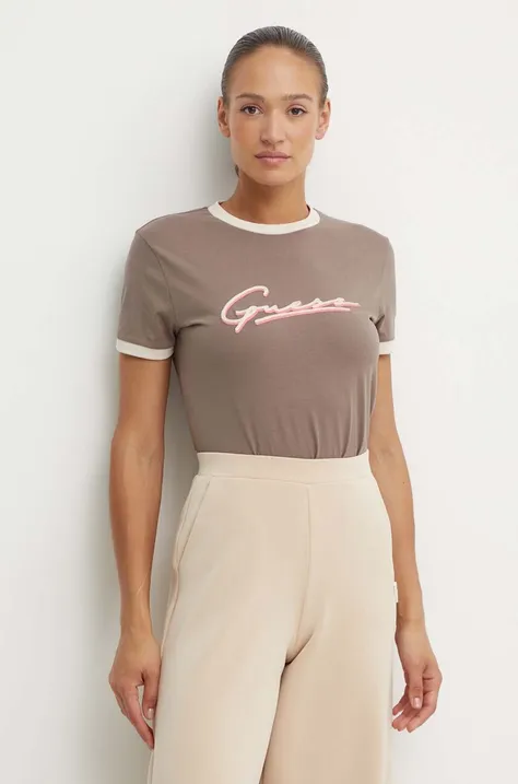 Βαμβακερό μπλουζάκι Guess NOÉMIE γυναικείο, χρώμα: καφέ, V4YI05 K8FQ4