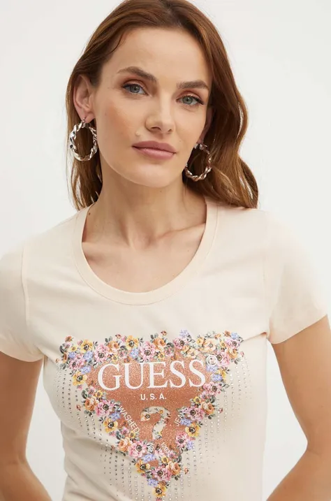 Tričko Guess BOUQUET dámske, béžová farba, W4YI72 J1314