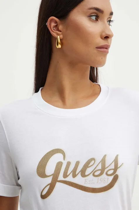 Pamučna majica Guess GLITTERY za žene, boja: bijela, W4YI09 JA914