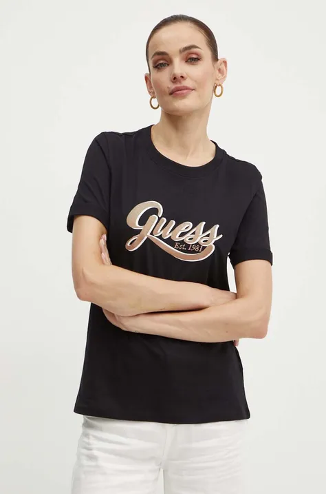 Pamučna majica Guess GLITTERY za žene, boja: crna, W4YI09 JA914