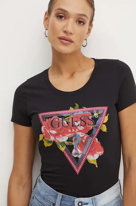 Kratka majica Guess ROSES ženska, črna barva, W4YI71 J1314