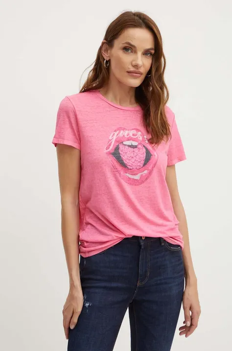 Kratka majica Guess BERRY LIPS ženska, roza barva, W4YI60 KBZ00