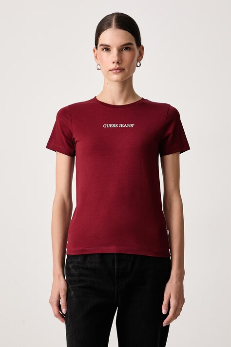 Guess Jeans T-shirt damski bawełniany z elastanem bordowy W4YI01 J1314