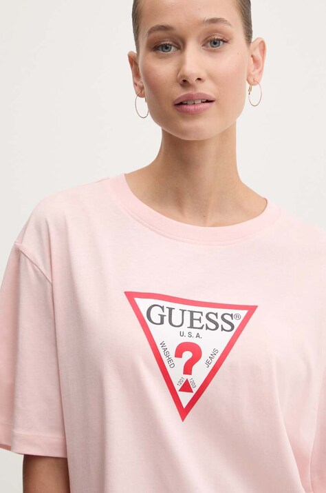Guess Jeans tricou din bumbac femei, culoarea roz, W4YI76 K8HM0