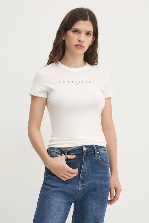 Хлопковая футболка Tommy Jeans женская цвет бежевый DW0DW18398