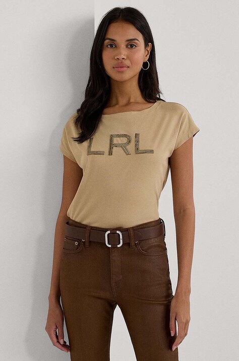 Lauren Ralph Lauren tricou din bumbac femei, culoarea bej, 200949864