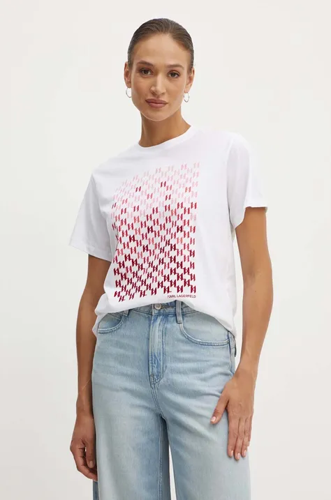 Bombažna kratka majica Karl Lagerfeld ženska, bela barva, 245W1710