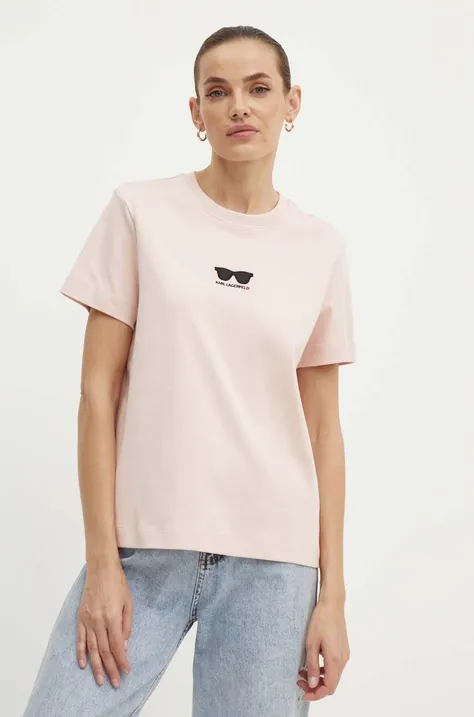 Βαμβακερό μπλουζάκι Karl Lagerfeld γυναικείο, χρώμα: ροζ, 245W1717