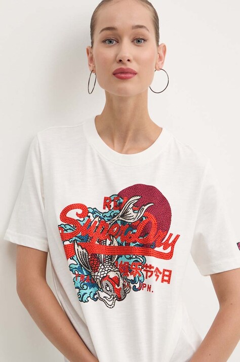 Βαμβακερό μπλουζάκι Superdry γυναικεία, χρώμα: άσπρο, W1011506A-34C