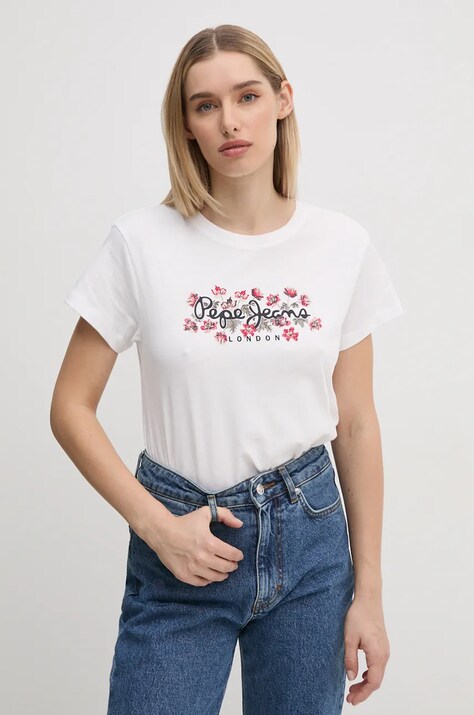 Pepe Jeans tricou din bumbac GINNY femei, culoarea alb, PL505945